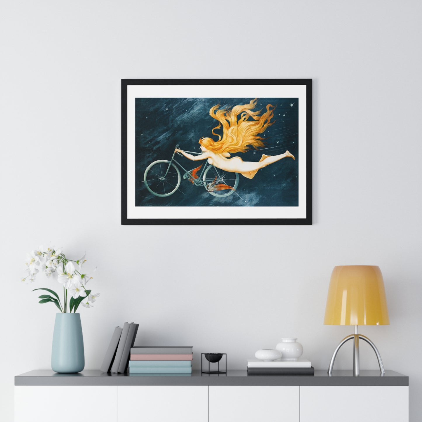 With Pedal Power My Bike Takes Flight into the Boundless Light! III 'Designed by AI' Framed Art Print