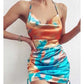 Women's Sexy Backless Aqua Print Suspender-Skirt Dress