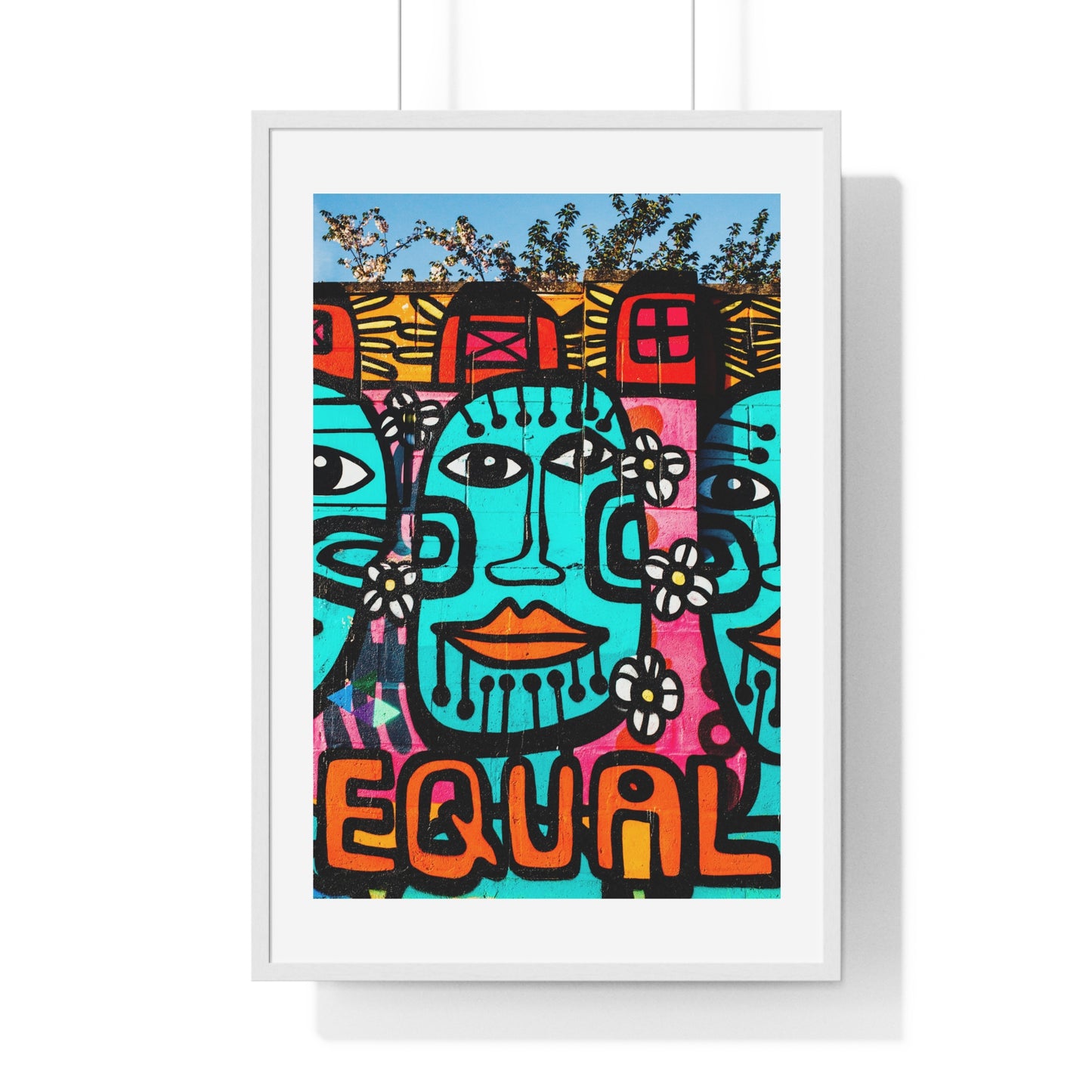 Brightly Coloured Urban Graffiti Mural Artwork, Tribal Faces (2017) Location Unknown, Framed Art Print