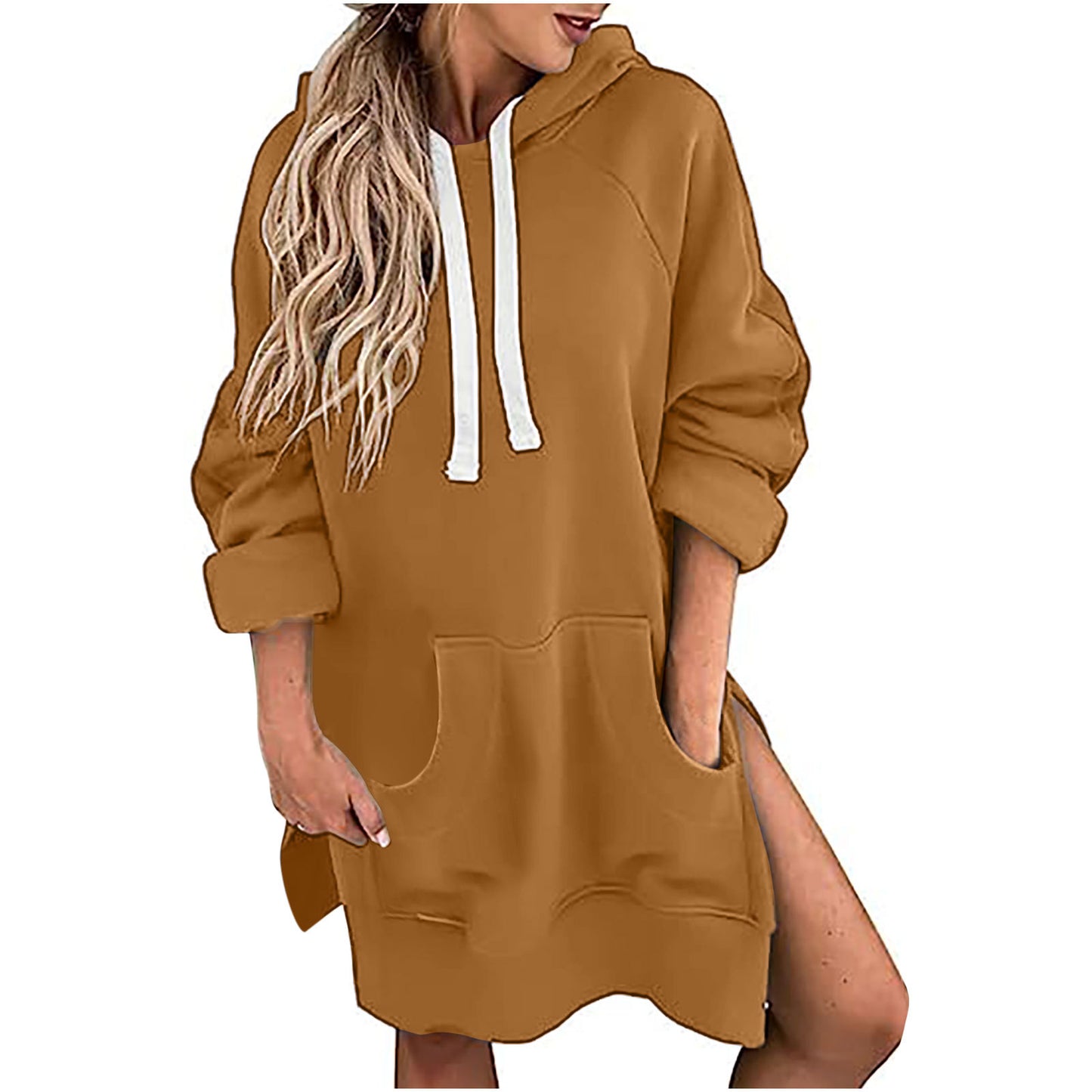 Vireous Loose-Fitting Women's Sweater Dress Long Length Drawstring Top