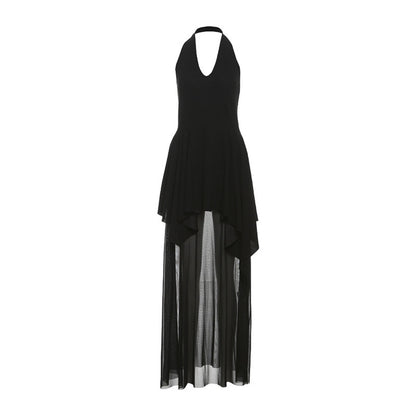 French Style V-Neck Girdle Layered Mesh Black Formal Dress