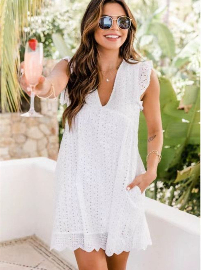 Lightweight Jacquard Dress with Pockets, Summer Sleeveless Cut-Out Beach Midi Dress