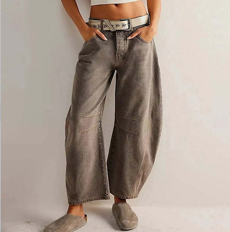 High-Stretch Mid-Rise Barrel Jeans, Fashion Wide Leg Women's Jeans