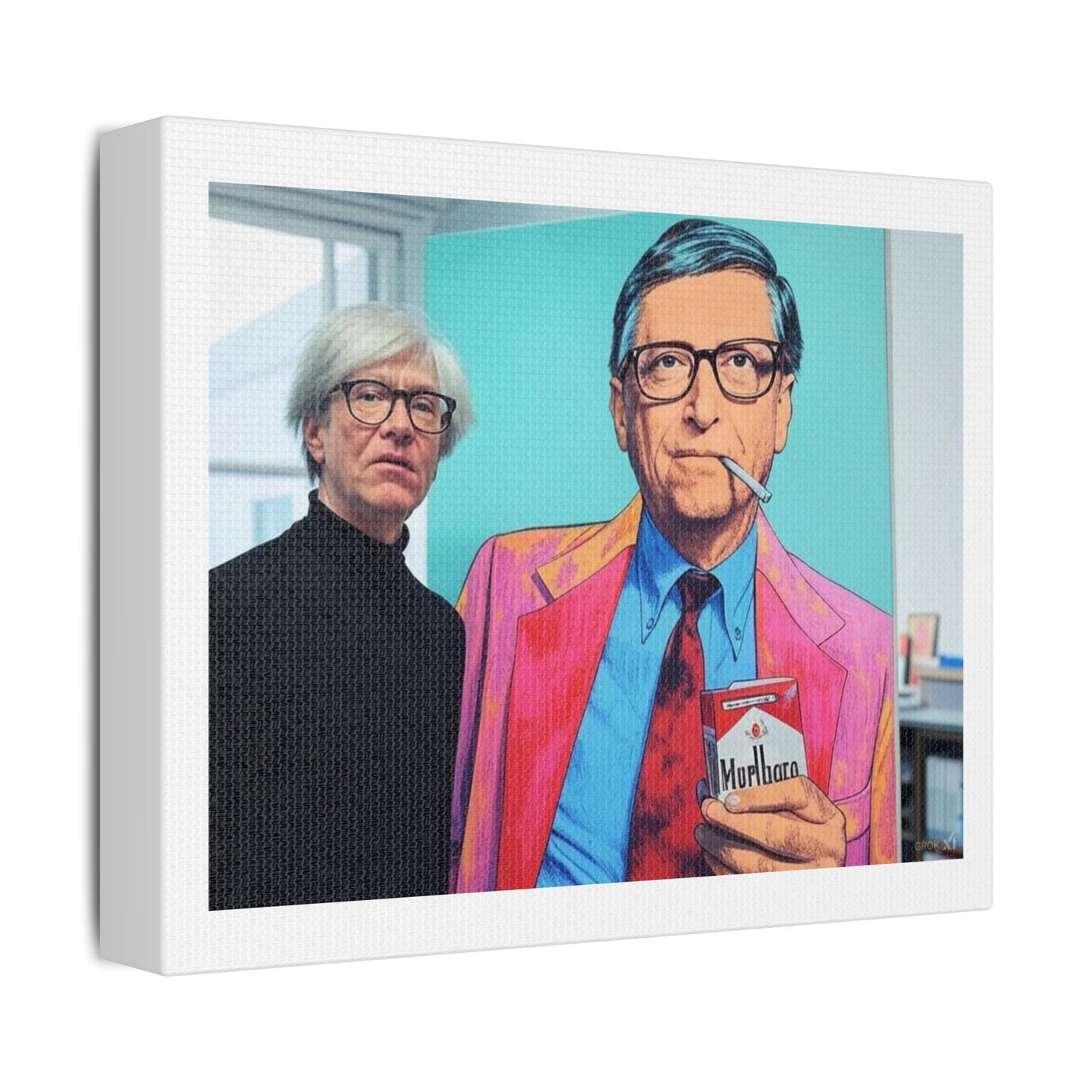 Andy Warhol at the Exhibition of his Iconic Bill Gates Marlboro Advertisement Series, Art Print 'Designed by AI' on Canvas