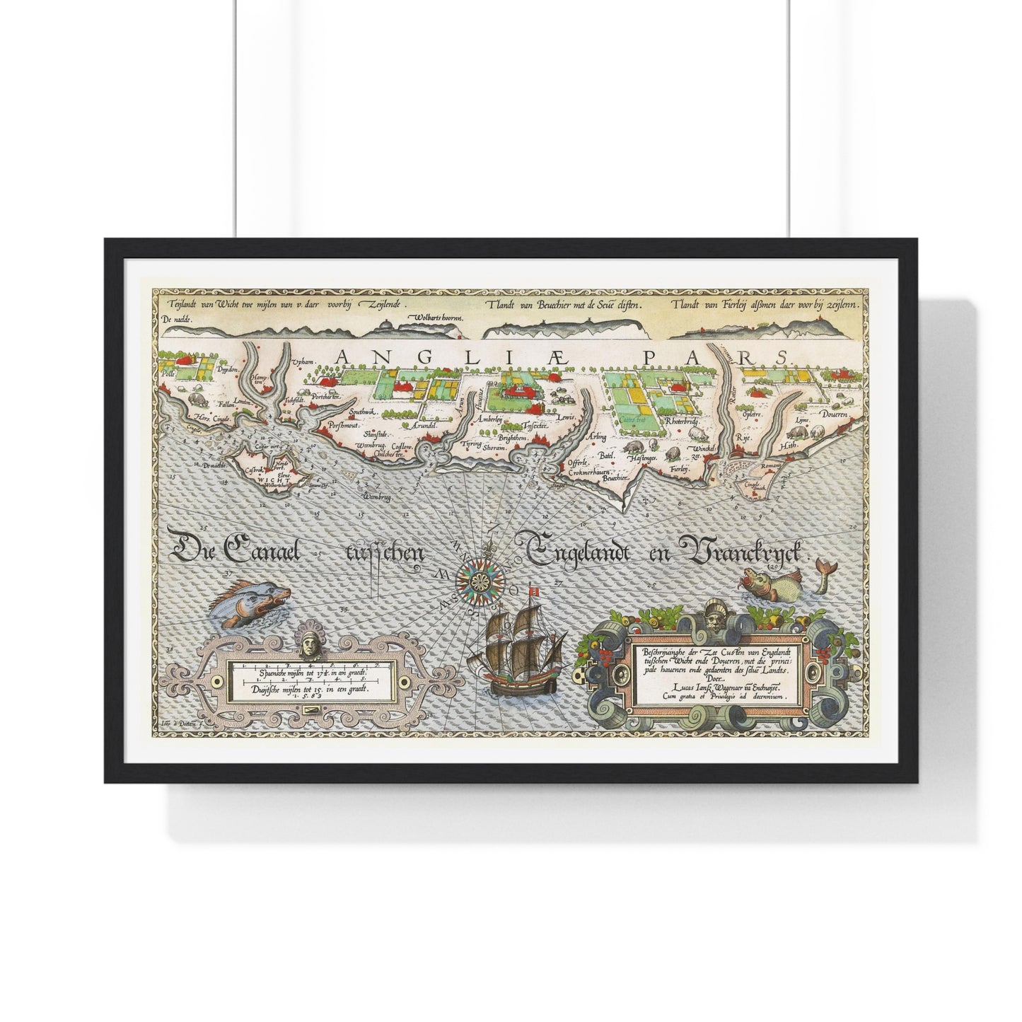 Antique Map of Hampshire and the Isle of Wight 'Kaart van de Zuidengelse Kust Tussen de Isle of Wight en Dover' by Joannes van Doetecum, from the Original, Framed Art Print