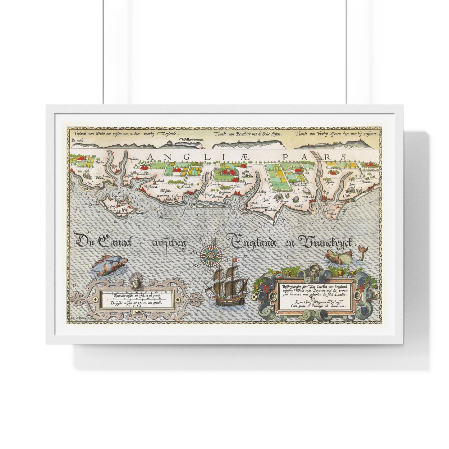 Antique Map of Hampshire and the Isle of Wight 'Kaart van de Zuidengelse Kust Tussen de Isle of Wight en Dover' by Joannes van Doetecum, from the Original, Framed Art Print