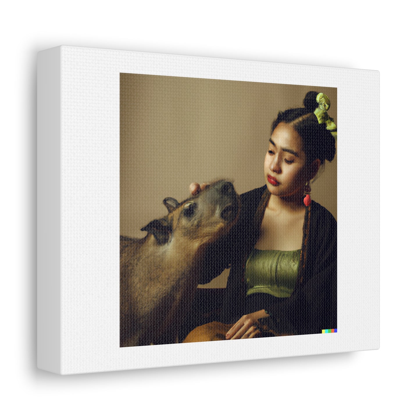 Portrait Of a Girl Next To a Capybara In The Style Of a Frida Kahlo Painting 'Designed by AI' on Canvas