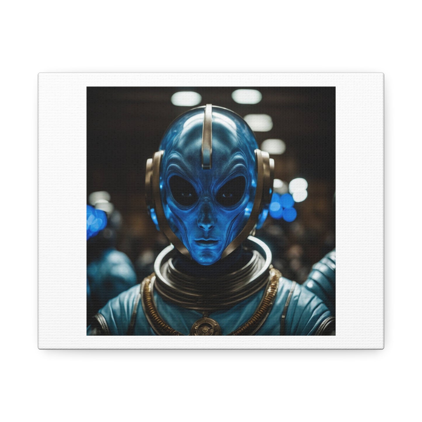 Blue Extra-Terrestrial Questions Everything About Earth 'Designed by AI' Art Print on Satin Canvas