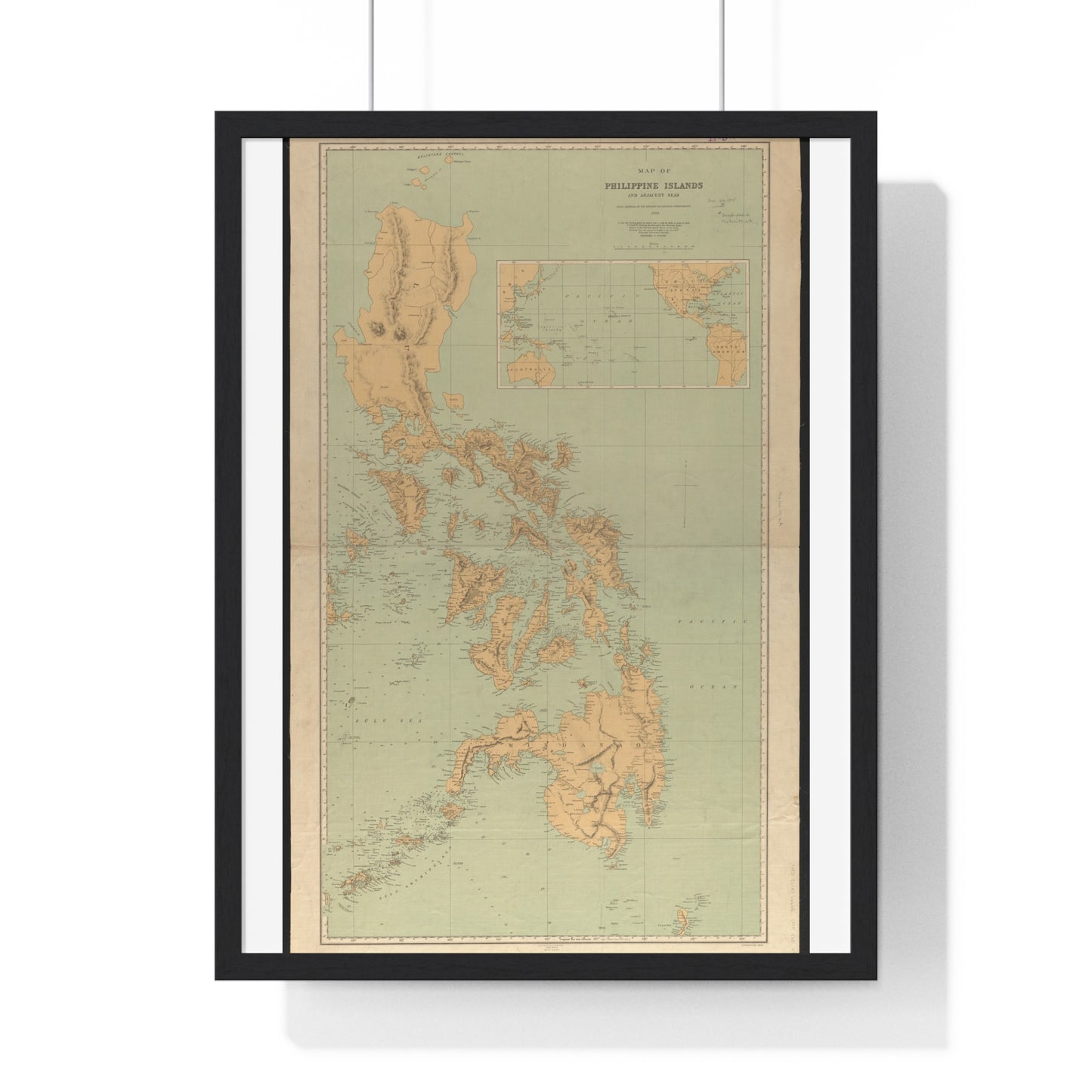 Vintage Map of Philippine Islands and Adjacent Seas from Material of the English and Batavian Governments (1898) from the Original, Framed Print