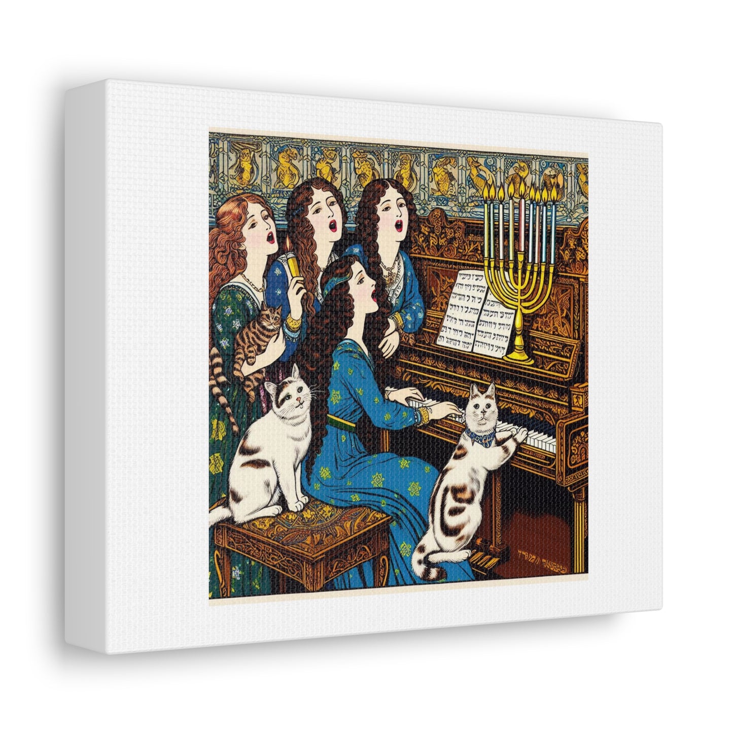 Art Print 'Women Singing Around Piano With Cats Byzantine Japanese Woodblock Scene' Designed by AI on Satin Canvas