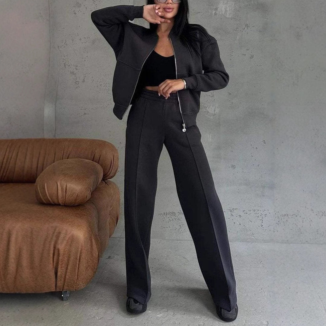 Women's Sports Two-Piece Suit, Zipper Jacket and Wide Leg Pants