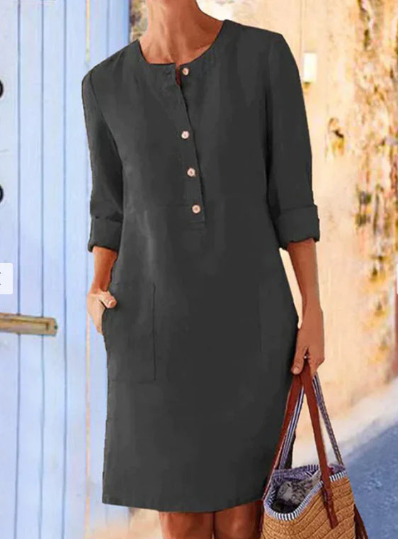 British-Style Round Collar Thick Cotton Dress, Long Sleeves