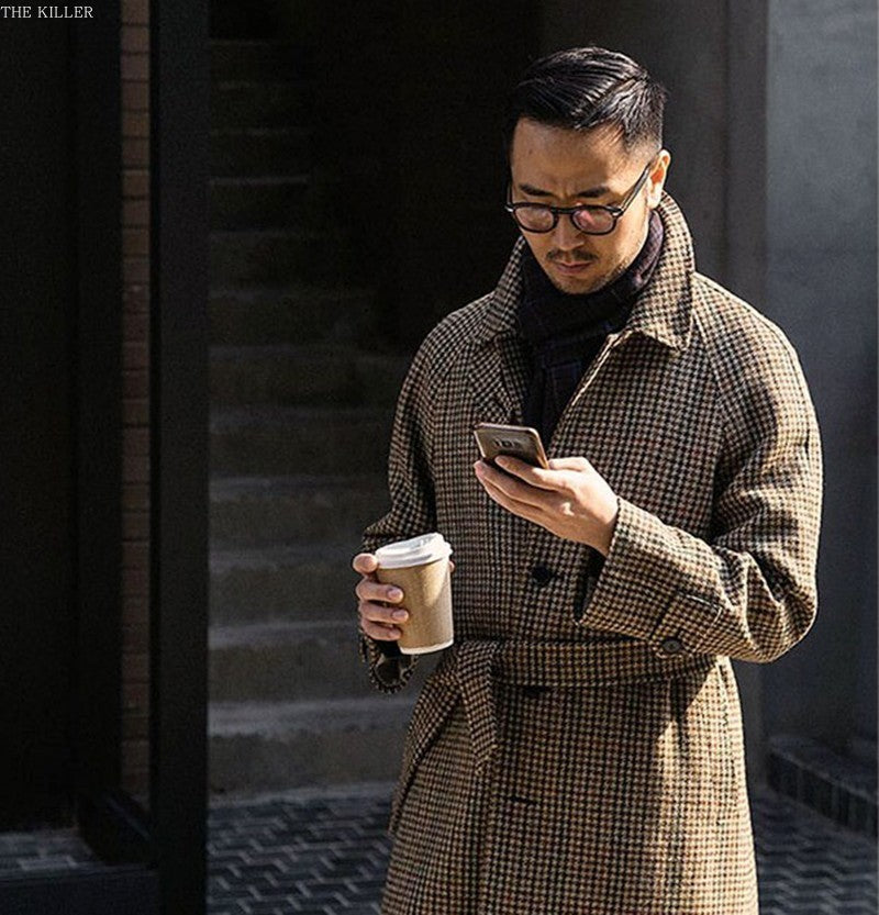 Vireous British-Style Classic Houndstooth Men's Woollen Coat