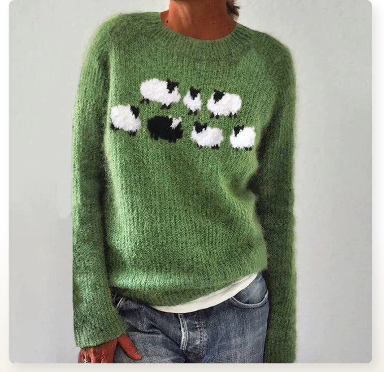 Vireous Women's 'Little Sheep' Round Neck Green Sweater