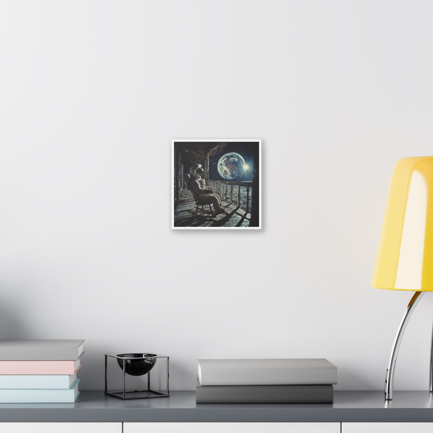 Astronaut on the Moon Sitting in a Rocking Chair on the Porch of a Farmhouse, Photorealism 'Designed by AI' Canvas Art Print