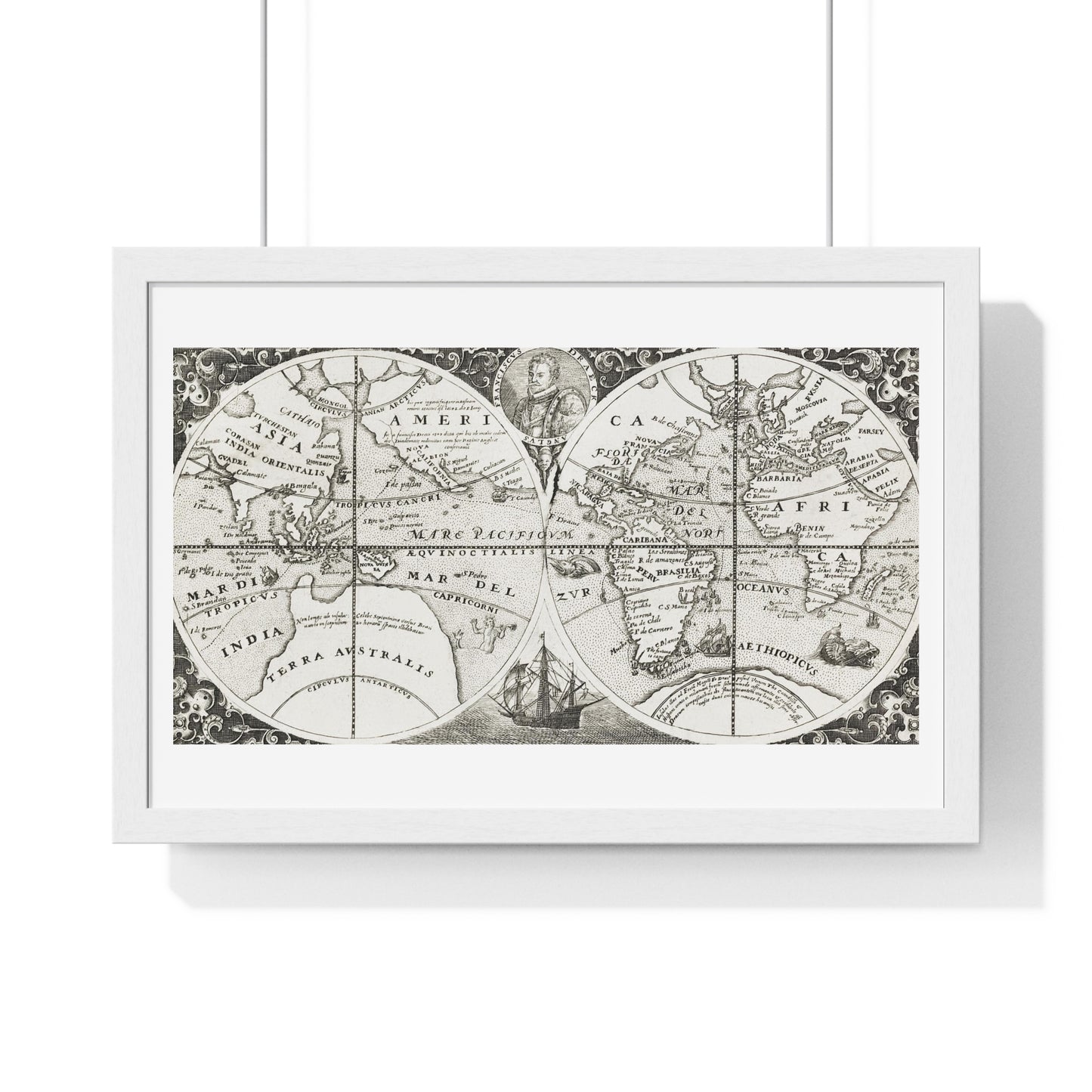 Antique Map from the Grand Voyages to the New World (1596) by Theodor de Bry from the Original, Framed Art Print