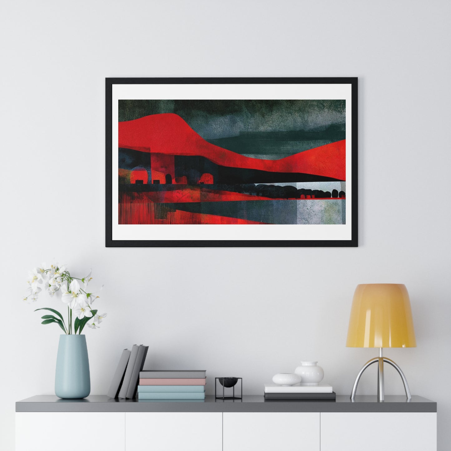 Unreal Landscape, Red and Grey Decor Art, Large Framed Print