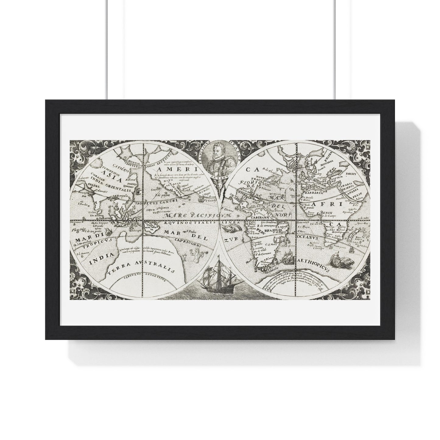 Antique Map from the Grand Voyages to the New World (1596) by Theodor de Bry from the Original, Framed Art Print