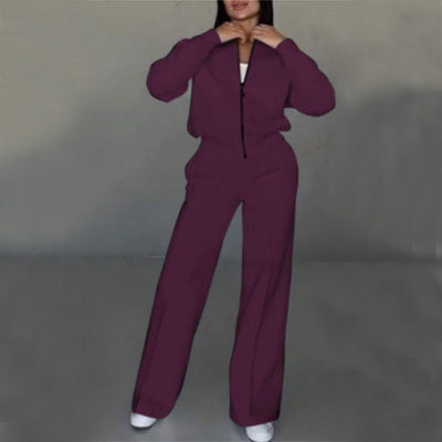 Women's Sports Two-Piece Suit, Zipper Jacket and Wide Leg Pants