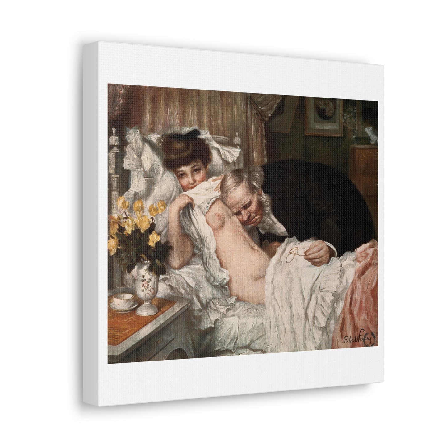 A Beautiful Young Woman Looks Away Coyly While an Aged Doctor Examines her Chest, from the Original, Art Print on Canvas