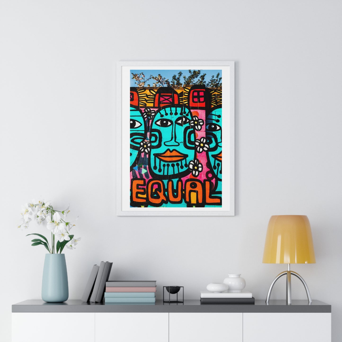 Brightly Coloured Urban Graffiti Mural Artwork, Tribal Faces (2017) Location Unknown, Framed Art Print