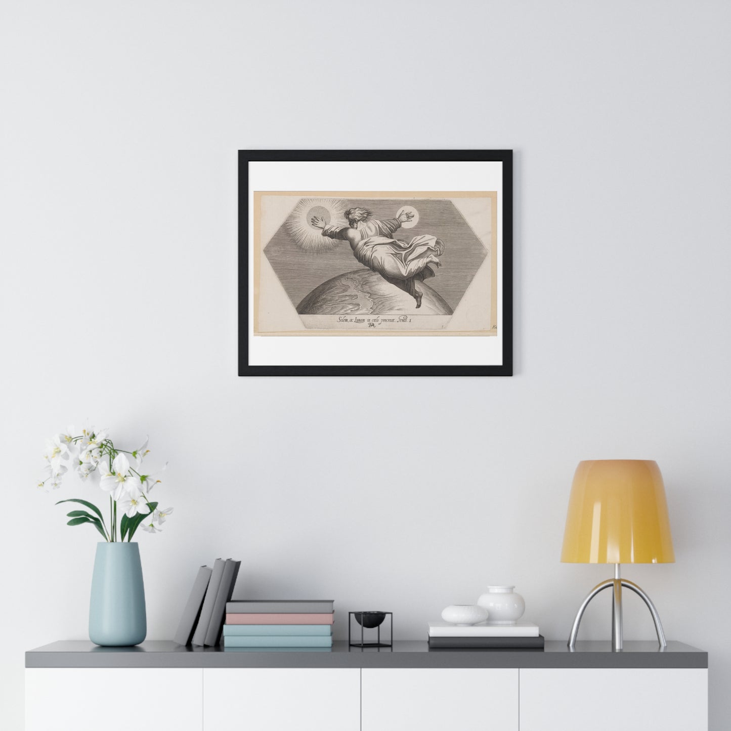 God Schept de Zon en de Maan (1626) by Francesco Villamena and Rafaël, from the Original, Framed Art Print