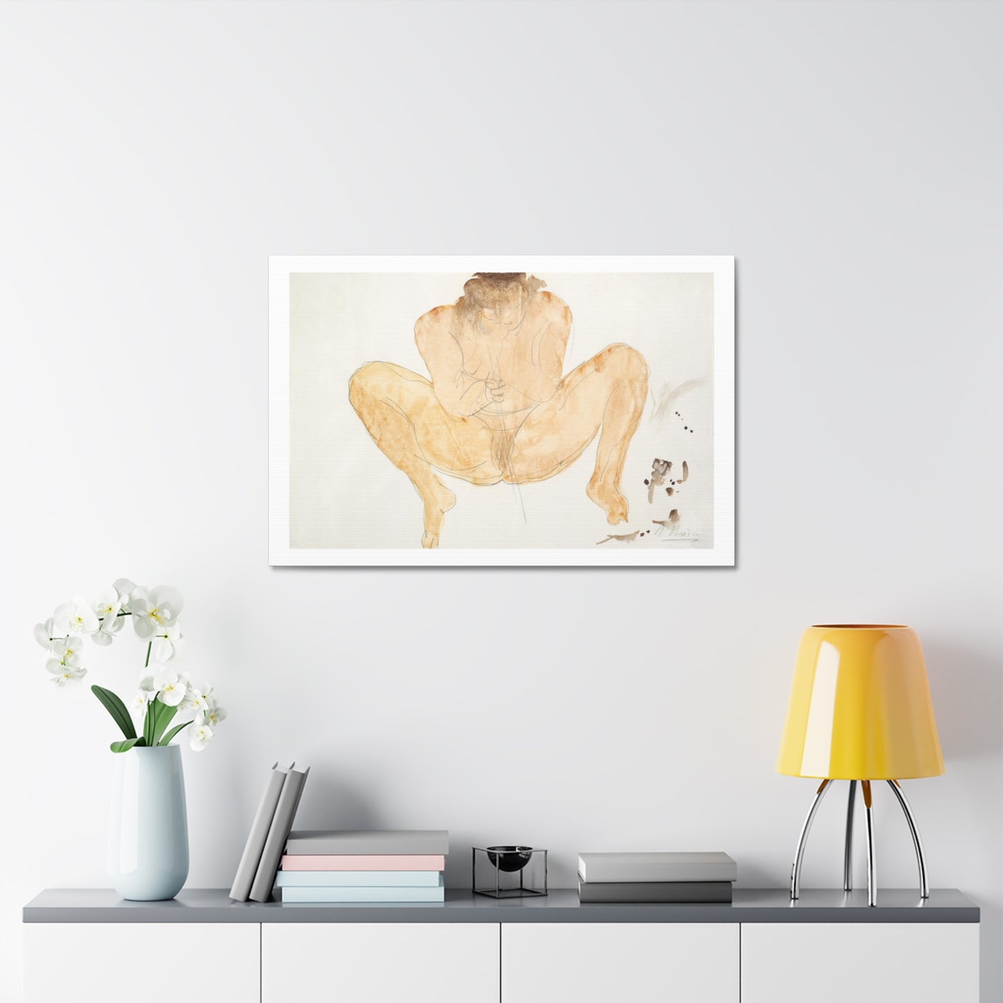 Naked Woman Masturbating, Vintage Erotic Art Print on Satin Canvas, Stretched