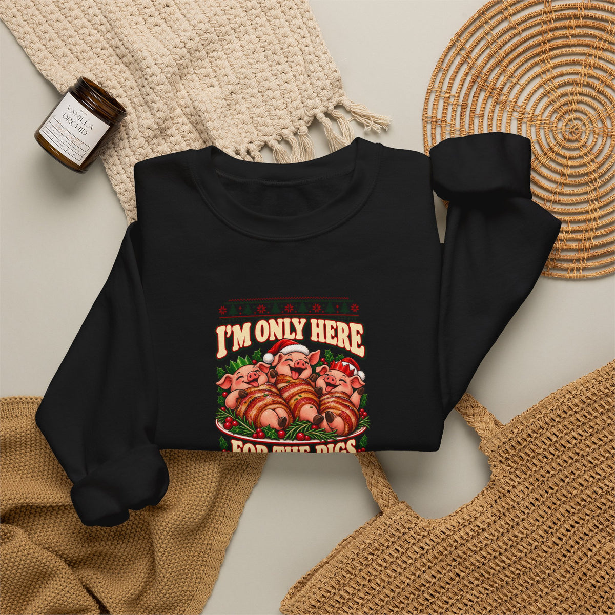Funny Adult Christmas Jumpers: 'I’m Only Here for the Pigs in Blankets' Christmas Crewneck