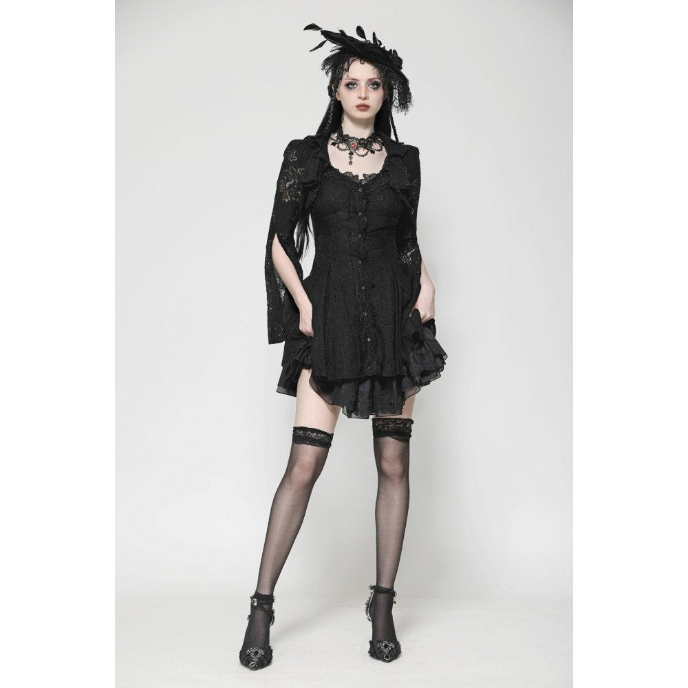 Dark in Love Luca Black Hollow Lace Gemstone-Button Adjustable Waist Dress