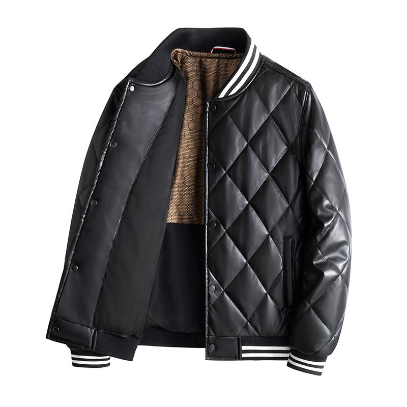 Vireous Men's Quilted Leather Baseball Jacket