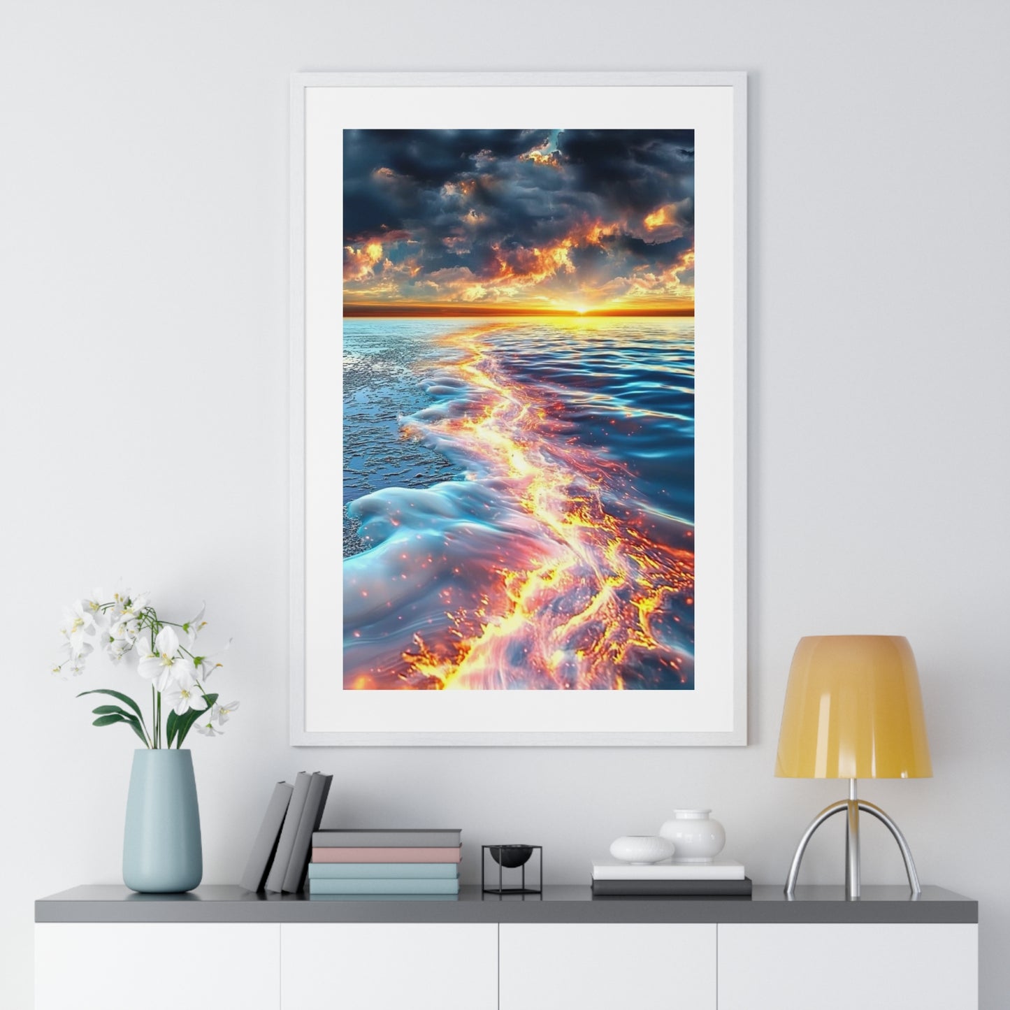 Streaming Fire on the Water, Abstract Art 'Designed by AI' Framed Print