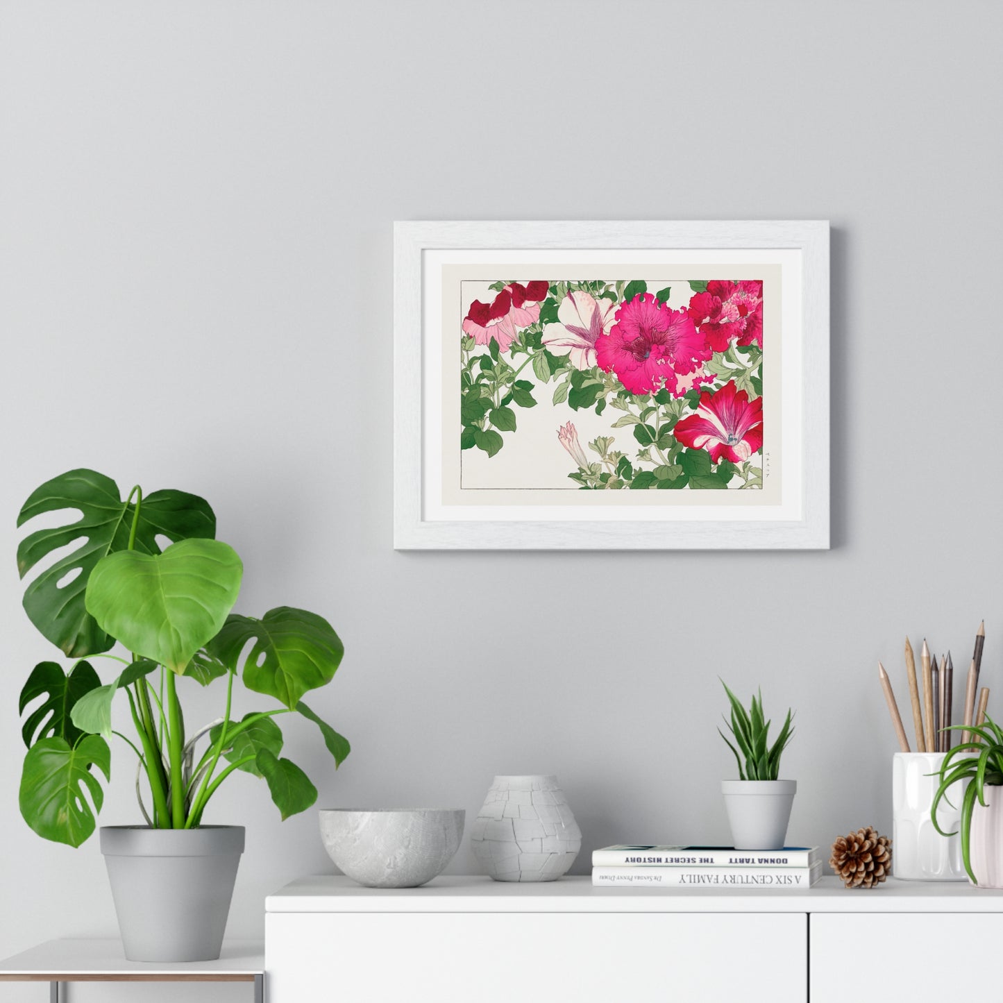 Vintage Petunia, Japanese Woodblock Art (1917) from Seiyō Sōka Zufu, by Tanigami Kônan, Framed Art Print