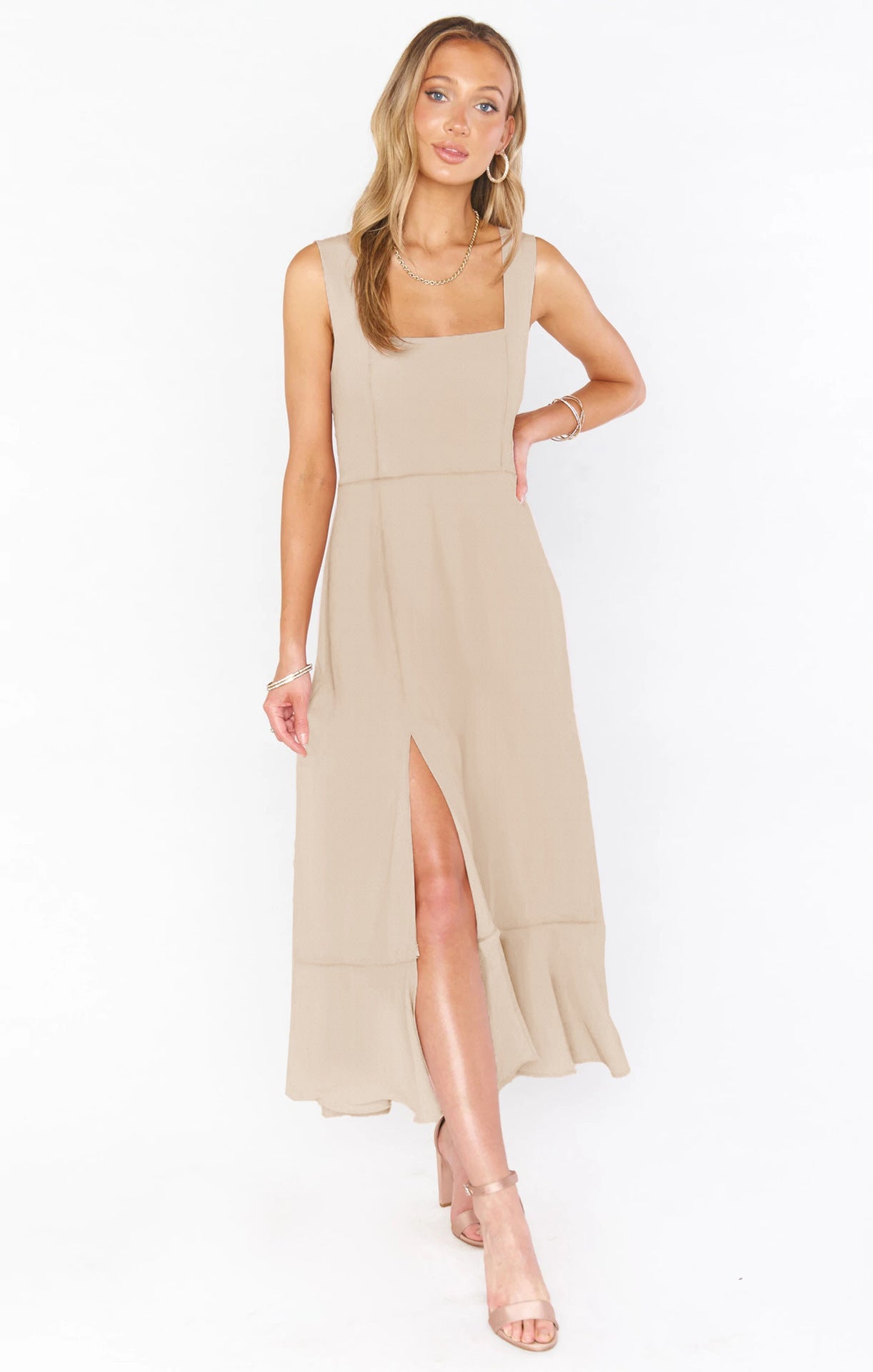 Ruffles Summer Split Dress with Waist Tie Design
