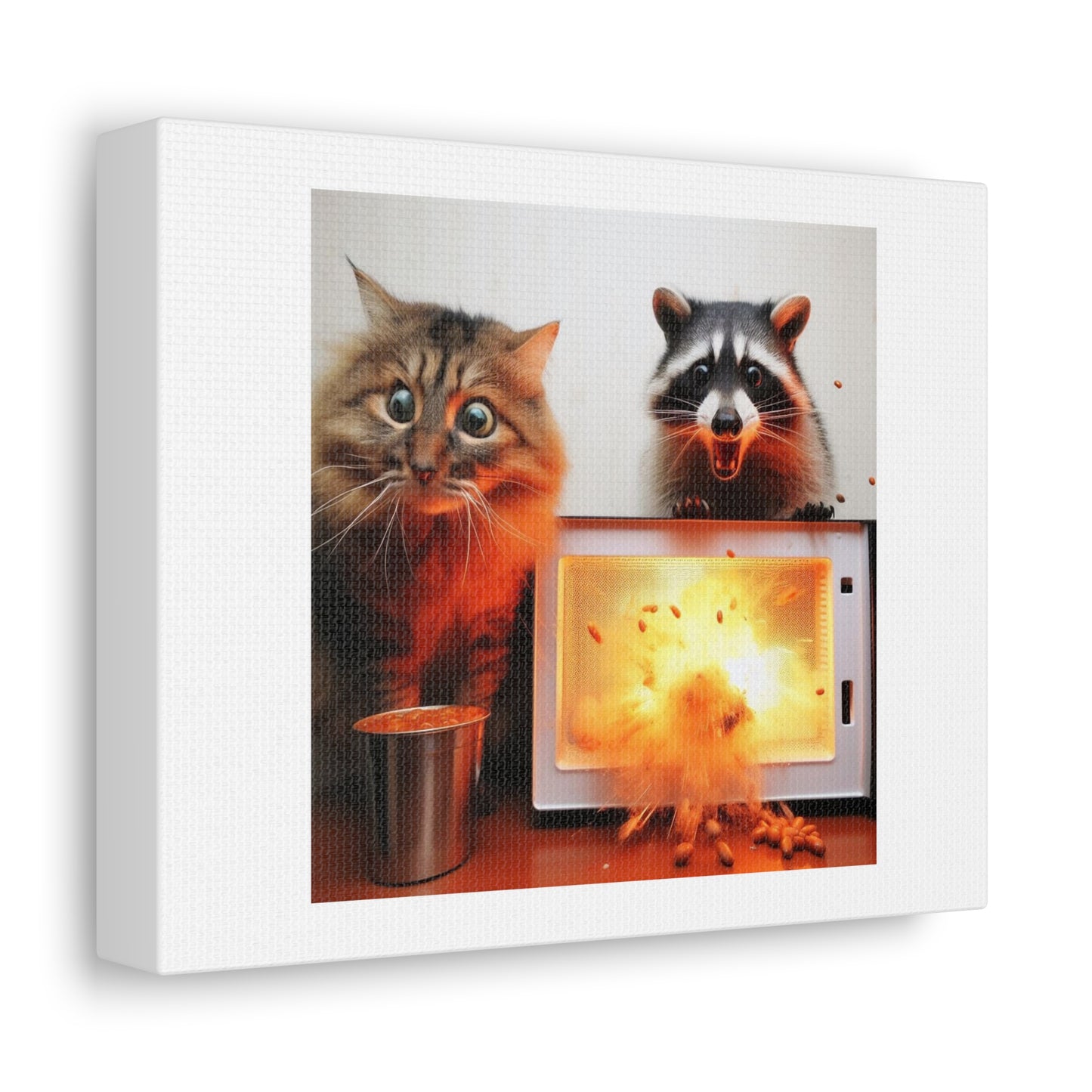 Cat and Raccoon Are Wide Eyed After Putting Exploding Beans in the Microwave 'Designed by AI' Art Print on Canvas