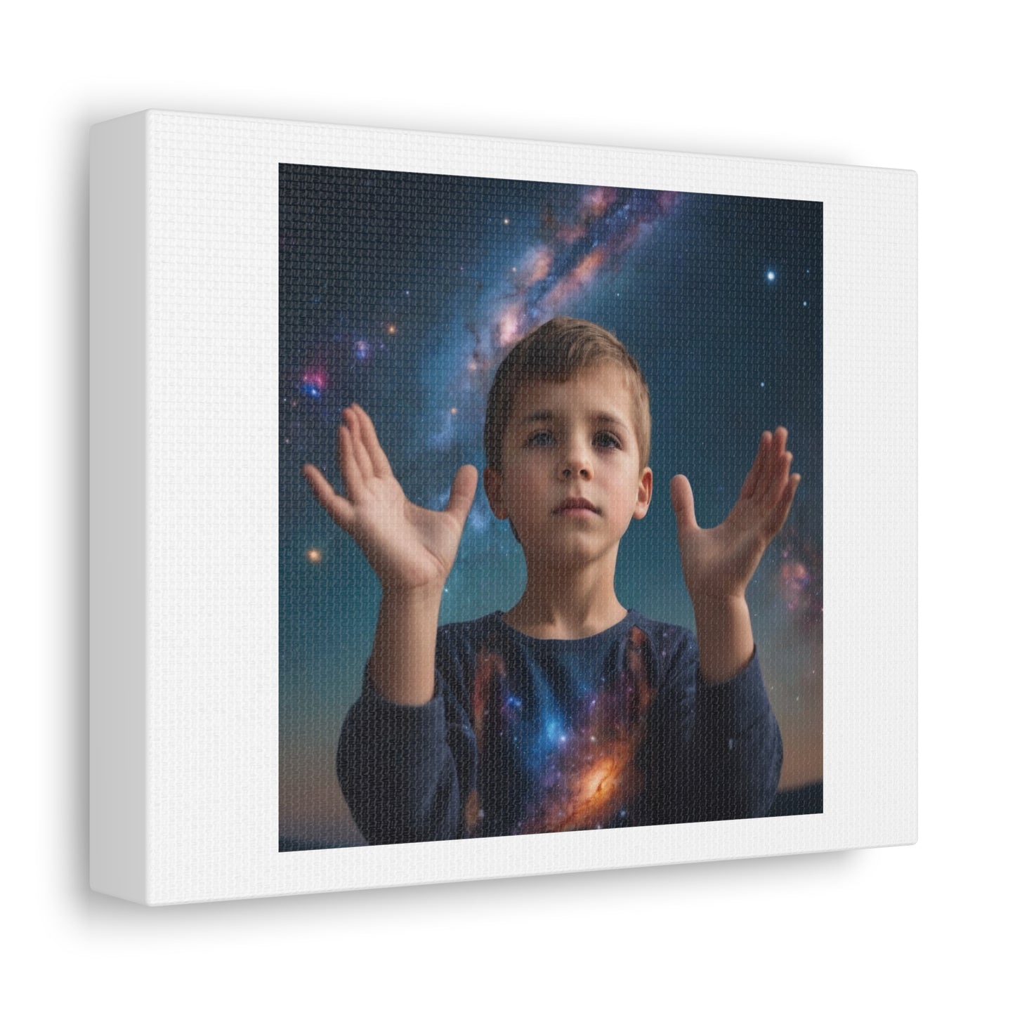 Boy Looking Down at the Universe, Stars and Galaxies in his Hands, Art Print 'Designed by AI' on Canvas