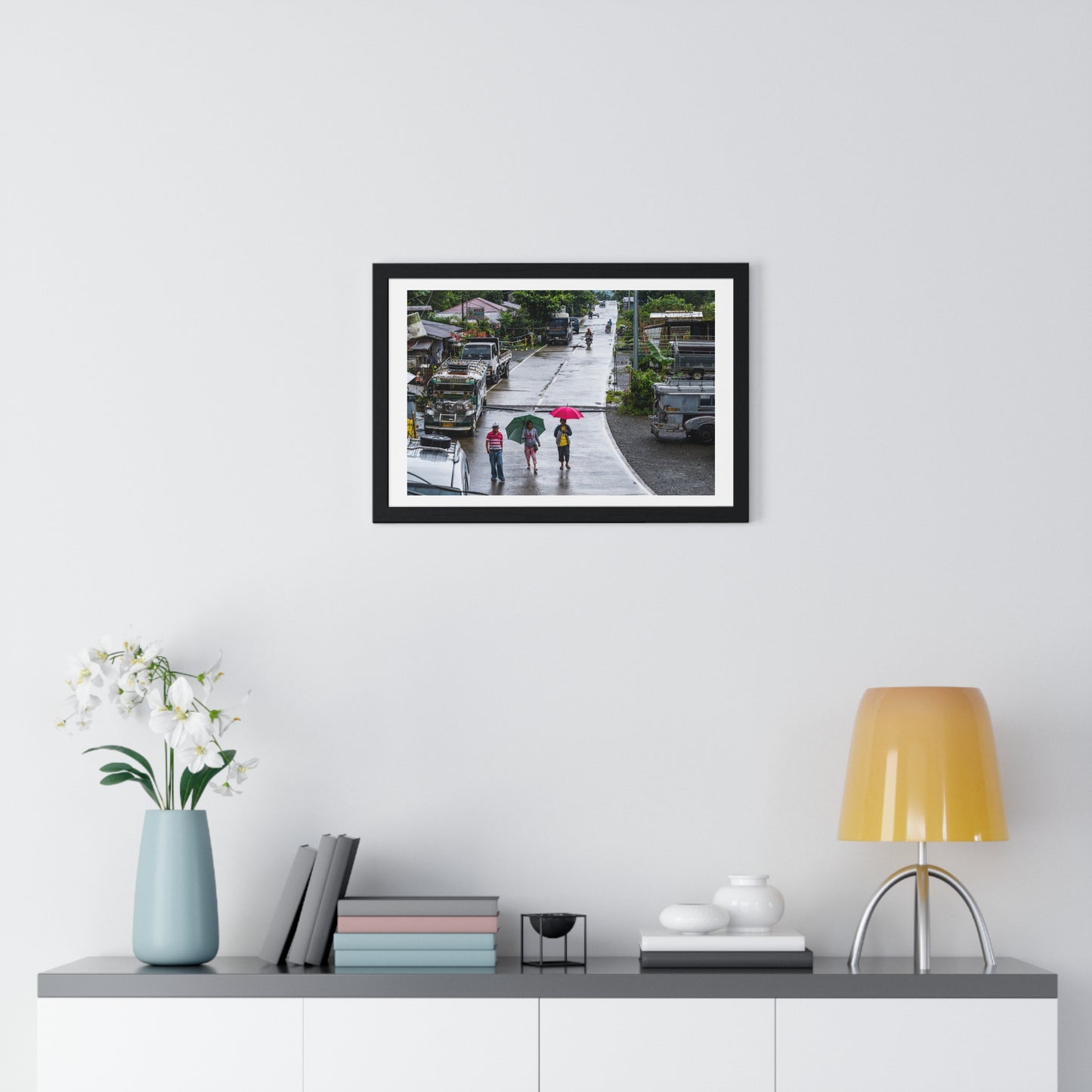 People Walking in the Rain in a Small Village, Nueva Vizcaya, Philippines (2017) Photographic Art, from the Original, Framed Print