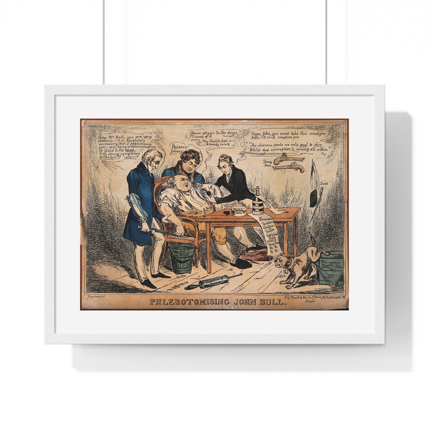 John Bull About to be Bled by Three Doctors, Representing Britain's Budget Manipulated by the Cabinet (1830) by John Phillips, from the Original, Framed Print