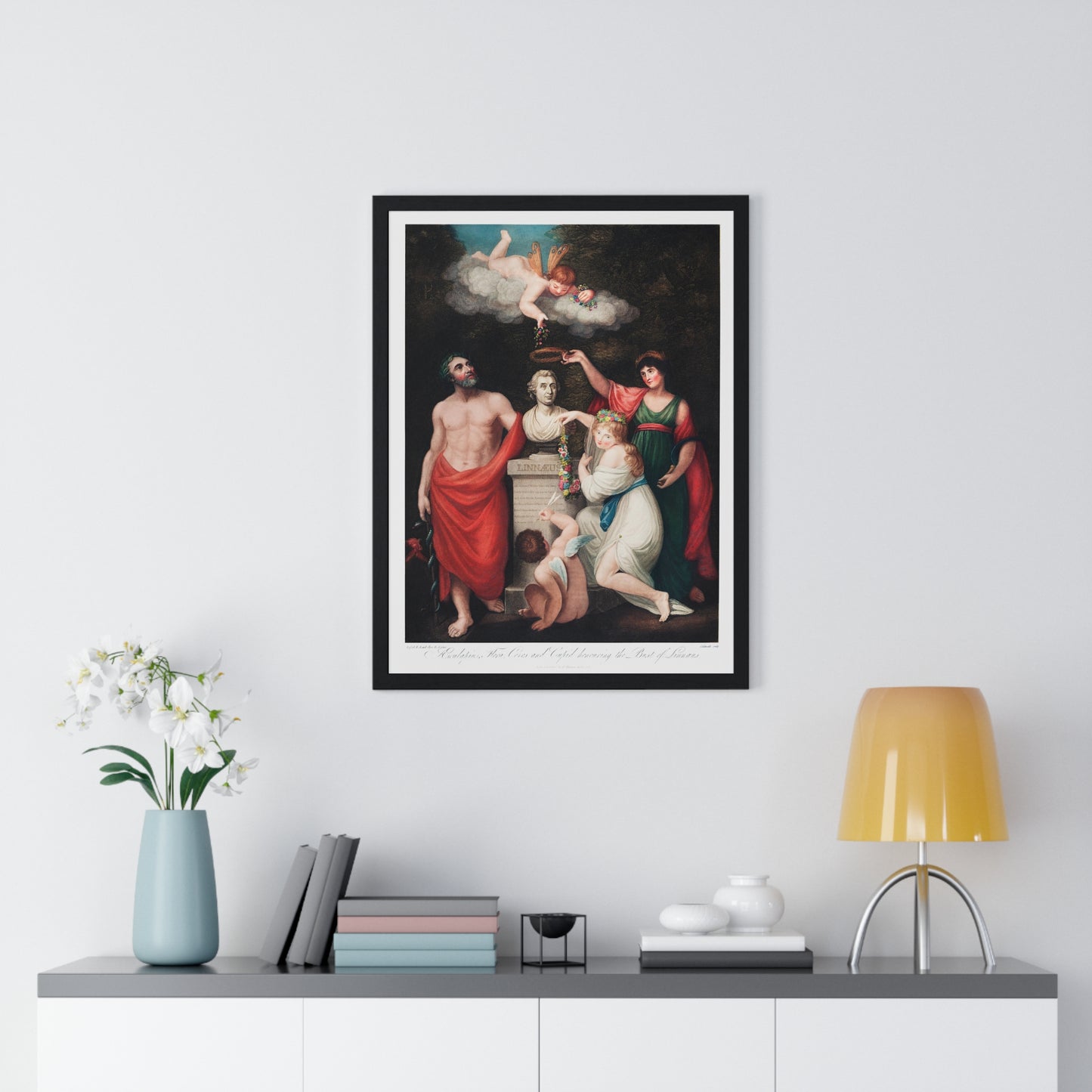 Flora, Aesculapius, Ceres, with Cupid, Honouring the Bust of Linnaeus from The Temple of Flora (1807) by Robert John Thornton, from the Original, Framed Art Print