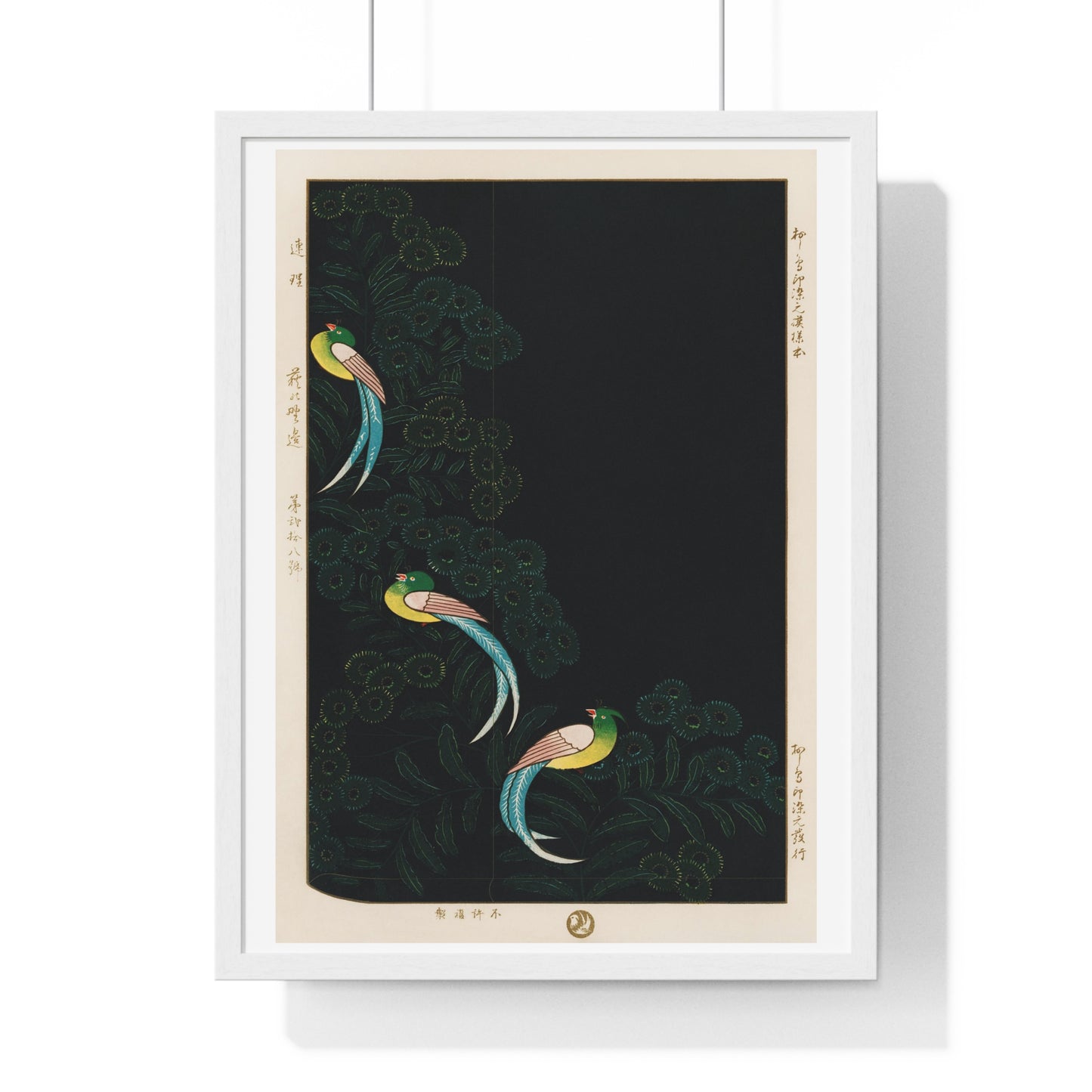 Traditional Illustration Lithograph of Kimono Design, Three Colourful Birds in a Black Background, from the Original, Framed Art Print