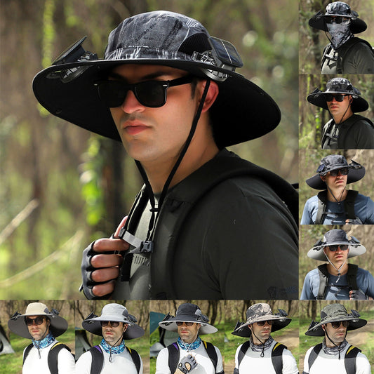 Outdoor Wide-Brim Sun Hat with USB Charging, Solar-Powered Cooling