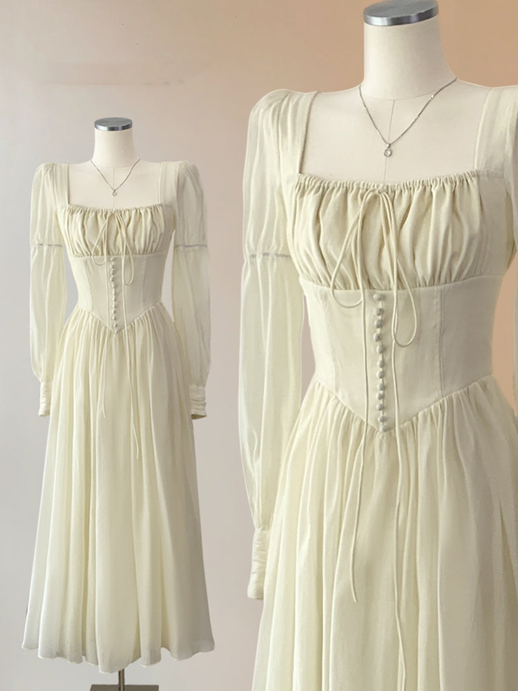 Vireous French Court-Style White Chiffon Dress