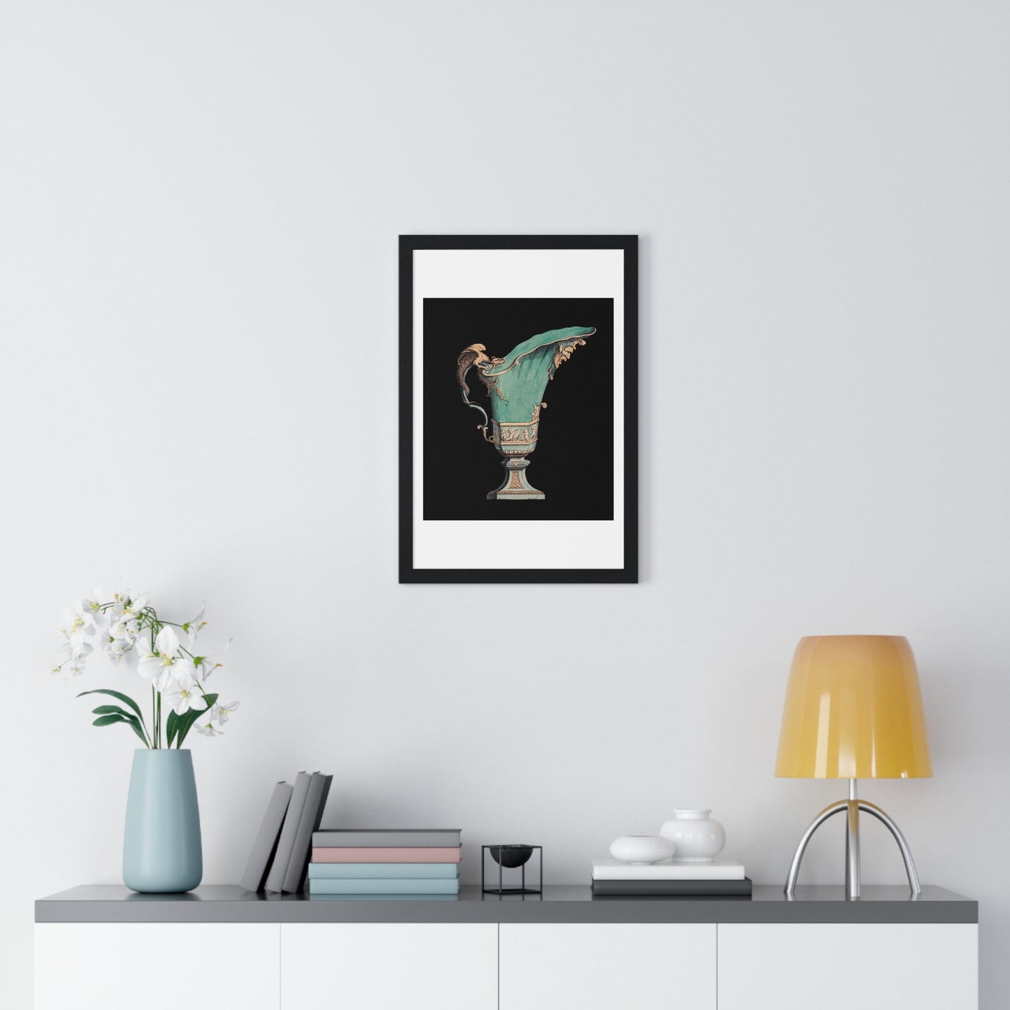 Lithograph of an Antique Green Vase (1866) a Beautiful Vase with Fantastical Decoration, from the Original, Framed Print