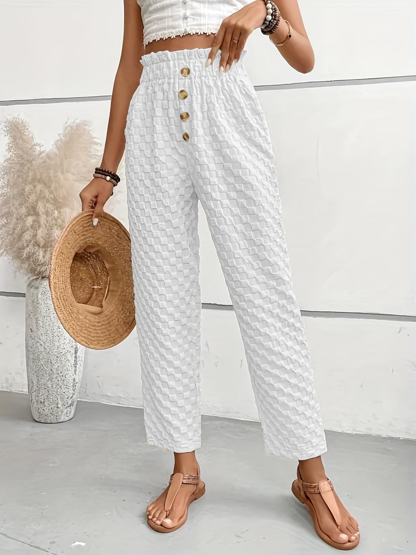 Women's Slim-Fit Buttoned Straight Loose Checker Weave Trousers