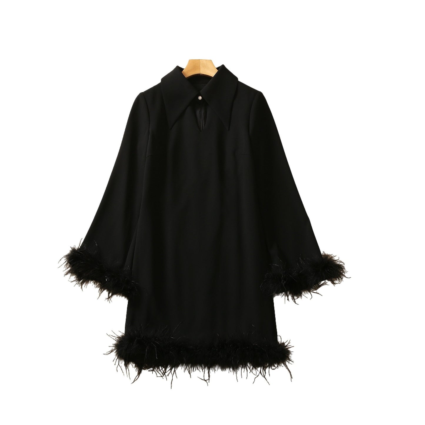 Lapel Feather Trimmed Long Sleeve Party Cocktail Dress