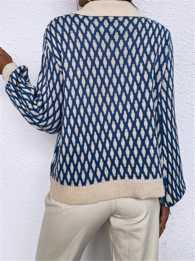 French-Style Diamond Pattern, Polo Neck Women's Sweater