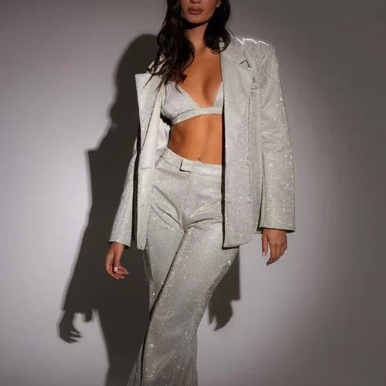 Three-Piece Sparkling Long-Sleeve Suit with Bra, Lapel Blazer, Straight-Leg Trousers