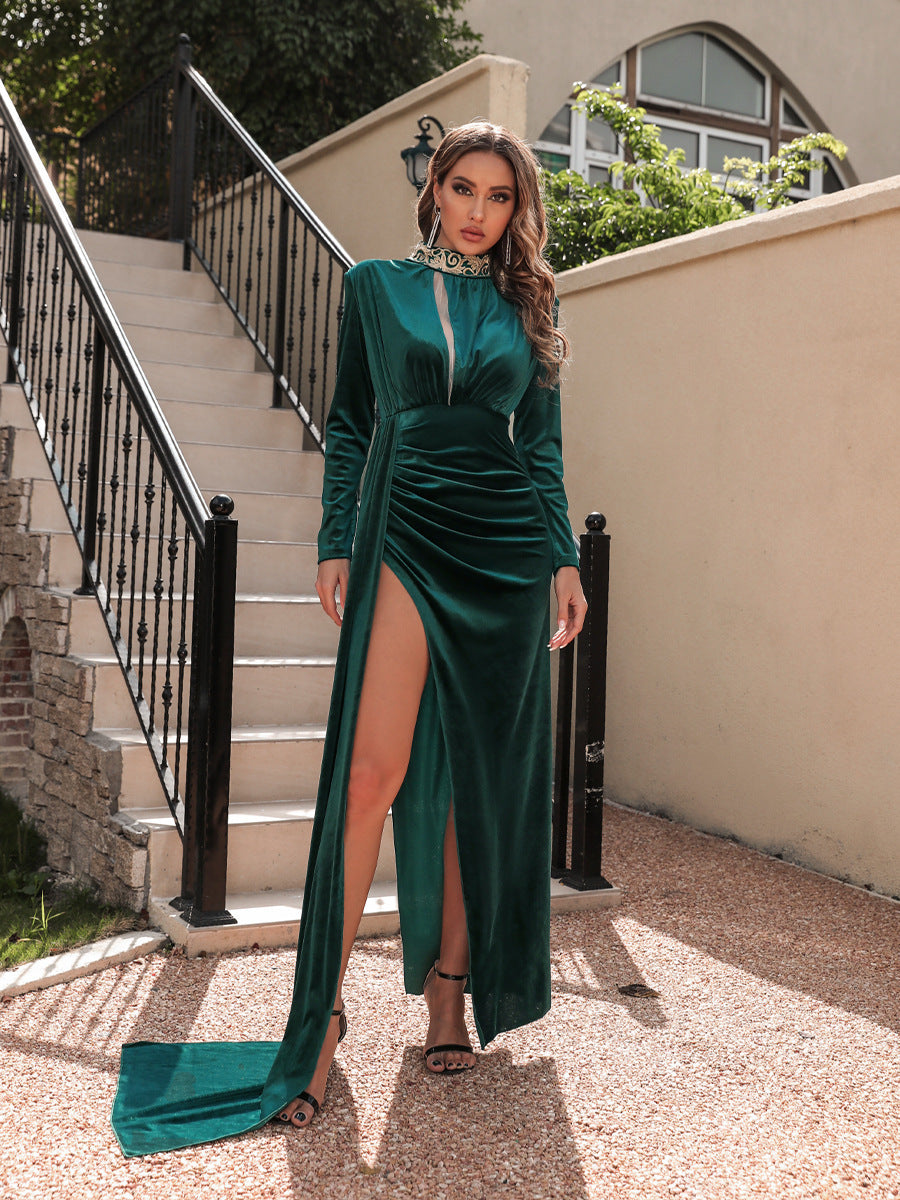 Vireous Women's Long-Split Velvet High-Neck Evening Dress