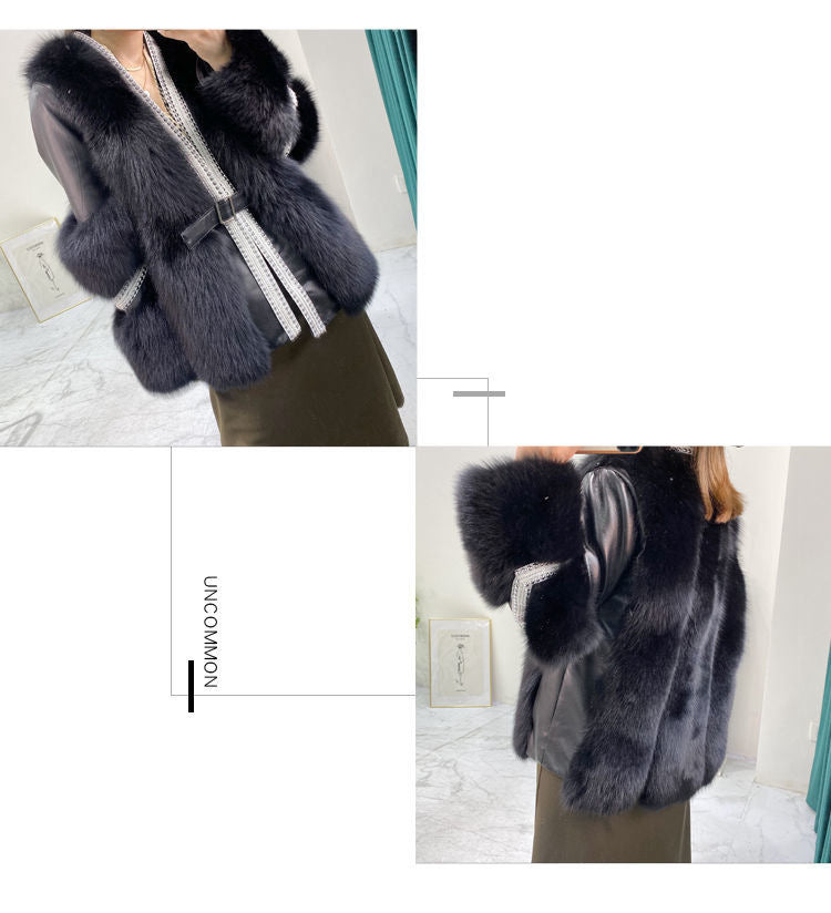 Vireous Rich Faux Fox Fur Women's Belted Jacket