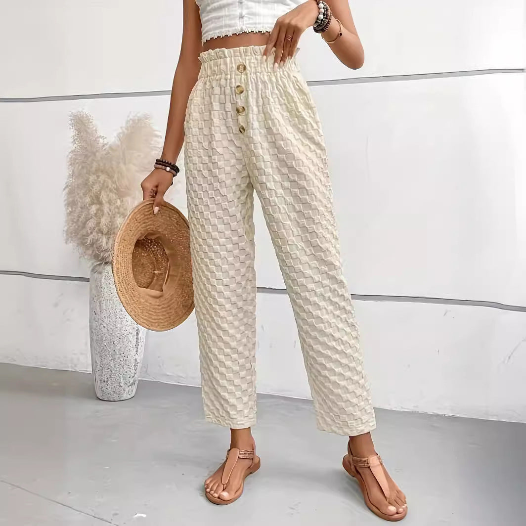 Women's Slim-Fit Buttoned Straight Loose Checker Weave Trousers