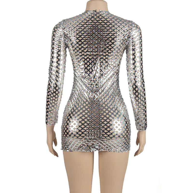 Long Sleeve Metallic Cutout Bodycon Mini Dress